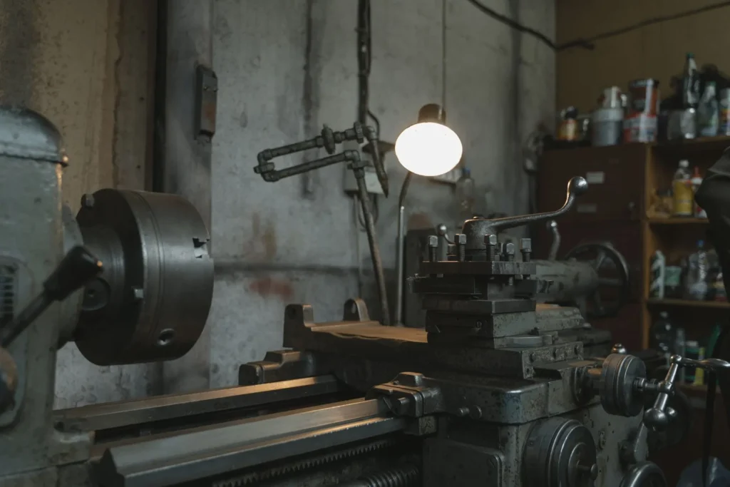 Tornio d'epoca in officina scura illuminato da una lampada